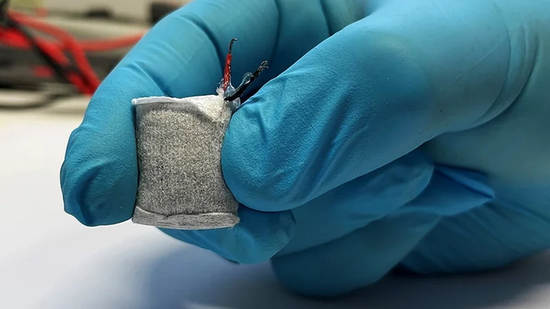 The prototype fuel cell is wrapped in a fleece and is slightly larger than a thumbnail. (Photograph: Fussenegger Lab / ETH Zurich)