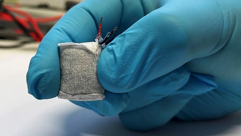 The prototype fuel cell is wrapped in a fleece and is slightly larger than a thumbnail. (Photograph: Fussenegger Lab / ETH Zurich)