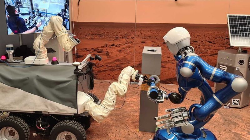 Remote-controlled from the ISS − DLR Rollin' Justin robot and the ESA Interact Rover. DLR's autonomous humanoid robot Rollin' Justin (right) and the ESA Interact Rover (left) being controlled from the International Space Station ISS. They are cooperating on the handling of a tool. Credit: DLR (CC BY-NC-ND 3.0)