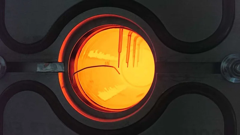 The main component of the thermal trap is a cylinder made of quartz. In the experiments, it reached a temperature of 1050 degrees Celsius and glowed at this heat. (Photograph: ETH Zurich / Emiliano Casati)
