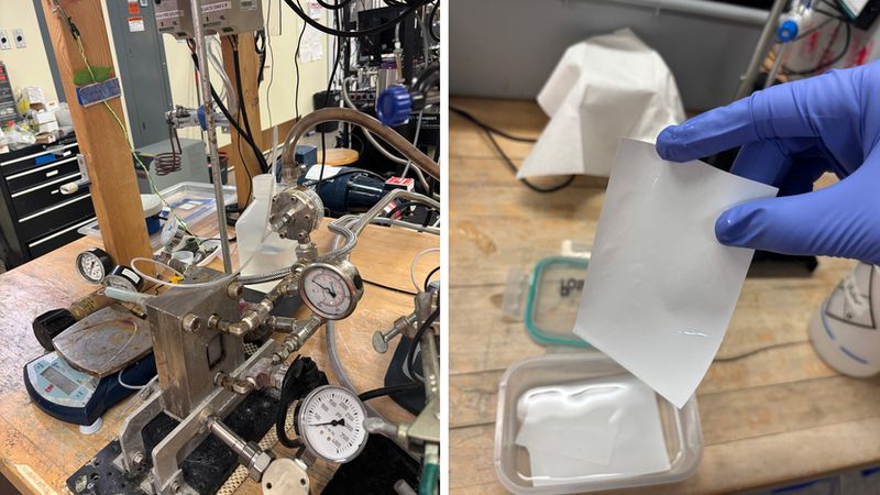 The researchers demonstrated the membrane’s performance in lab-scale experiments, pictured, using a novel membrane to filter various solutions that were similar in content to the waste streams produced by aluminum plants. Photo: Trent Lee