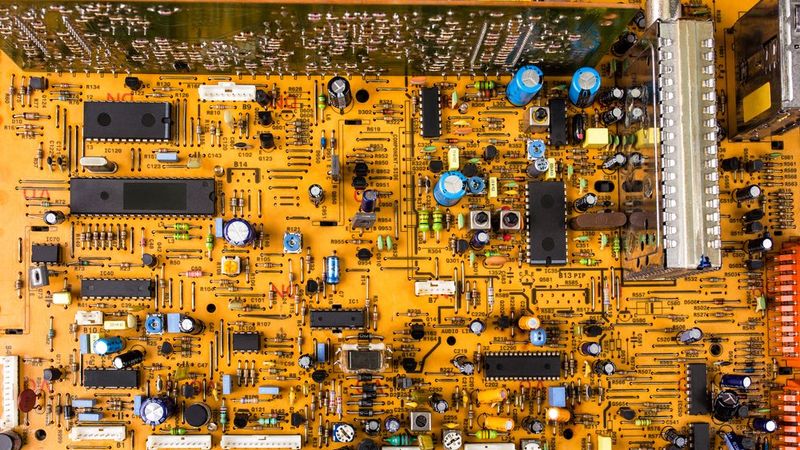 A typical circuit board with components and wiring traces