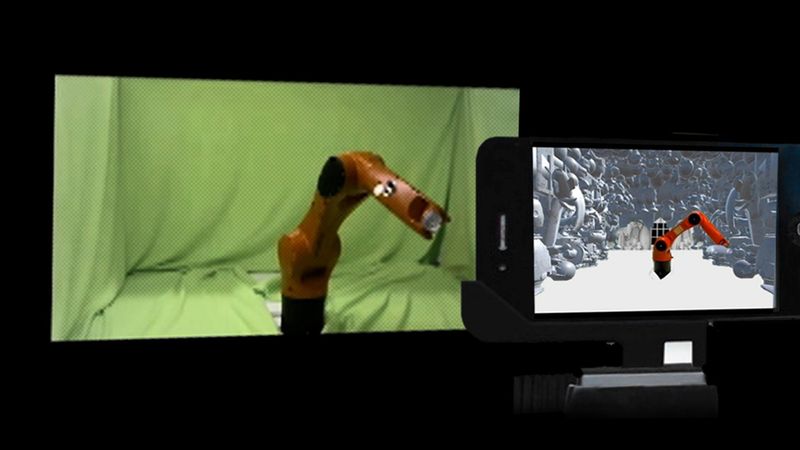 Using Chroma Key image processing techniques in Unity 3D, the green screen is being replaced by the animated digital scene.