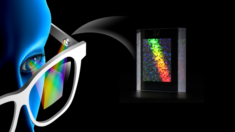 Researchers at Princeton and Meta have created a tiny optical device that makes holographic images larger and clearer. Small enough to fit on a pair of eyeglasses, the device could enable a new kind of immersive virtual reality display. Illustration by Liz Sabol, photo by Nathan Matsuda