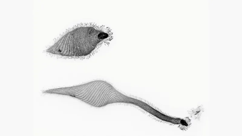 A side-by-side comparison of Lacrymaria olor, a remarkable ciliate with its “neck” extended and retracted. Researchers discovered origami-like folds make this morphing possible where microtubules define folding pleats. | Prakash Lab