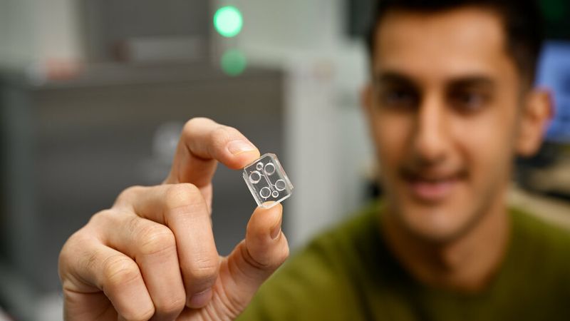 Mohammad Jouybar shows the chip he used to do his research on breast cancer. Photo: Bart van Overbeeke