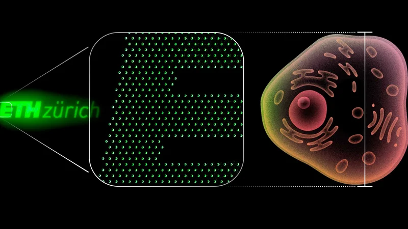 This ETH Zurich logo consists of 2,800 nano light-emitting diodes and, at a height of 20 micrometres, matches the size of a human cell. A single pixel measures around 0.2 micrometres (200 nanometres). (Image: Amanda Paganini / ETH Zurich) 