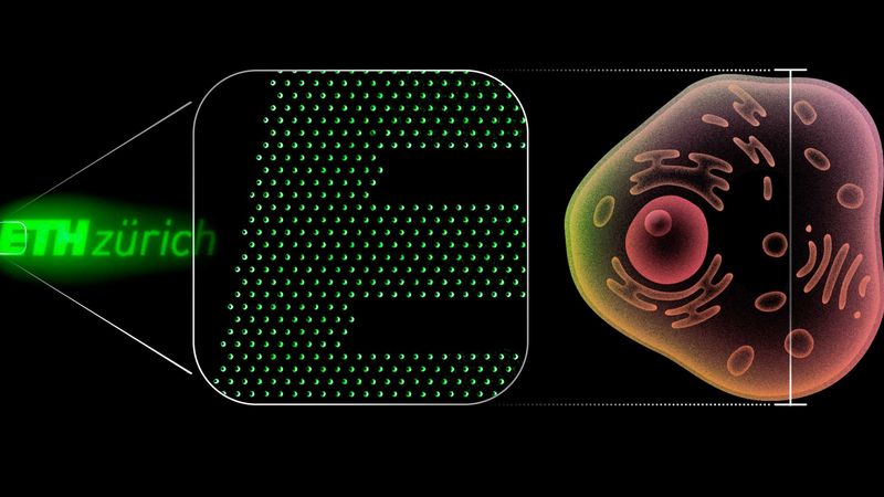 This ETH Zurich logo consists of 2,800 nano light-emitting diodes and, at a height of 20 micrometres, matches the size of a human cell. A single pixel measures around 0.2 micrometres (200 nanometres). (Image: Amanda Paganini / ETH Zurich) 