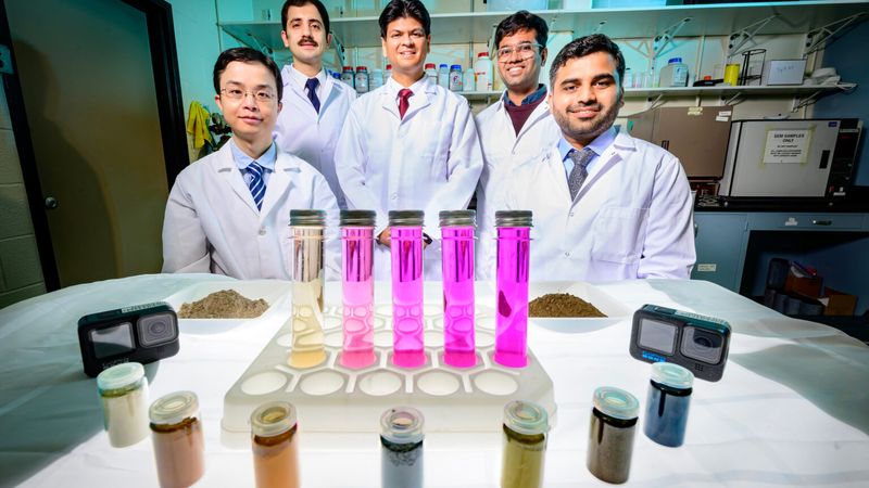 A University of Illinois Urbana-Champaign team developed a new test that predicts the performance of a new class of sustainable cementitious construction materials in five minutes. Pictured are Illinois researchers Yujia Min, Hossein Kabir, Nishant Garg, Chirayu Kothari and M. Farjad Iqbal. Photo by Fred Zwicky