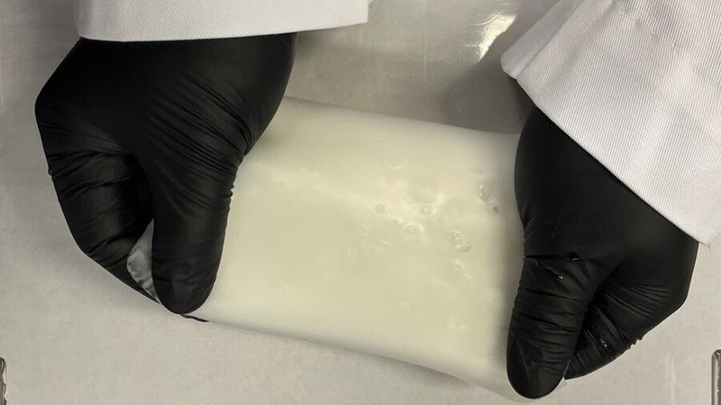 A researcher stretches the large-scale rubber material. (Photo credit: Georgia Tech)