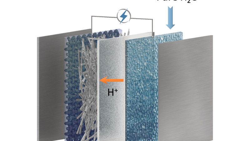 An electrolzyer configuration with a bicarbonate cathode, intermediate buffer layer, cation exchange membrane and a water anode. Image: Shuhan Miao, Harvard Graduate School of Design