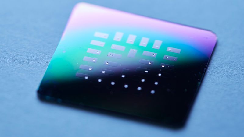 Silicon chip with 30 individual glucose micro fuel cells, seen as small silver squares inside each gray rectangle. Image: Kent Dayton