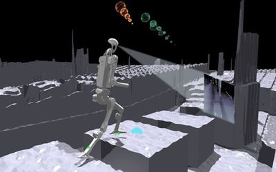 Simulated humanoid robots learn to hike rugged terrain autonomously