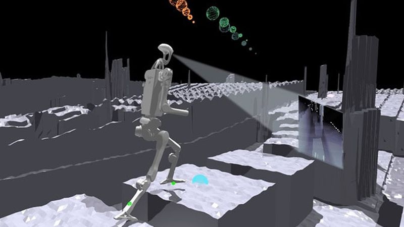 Simulated humanoid robots learn to hike rugged terrain autonomously