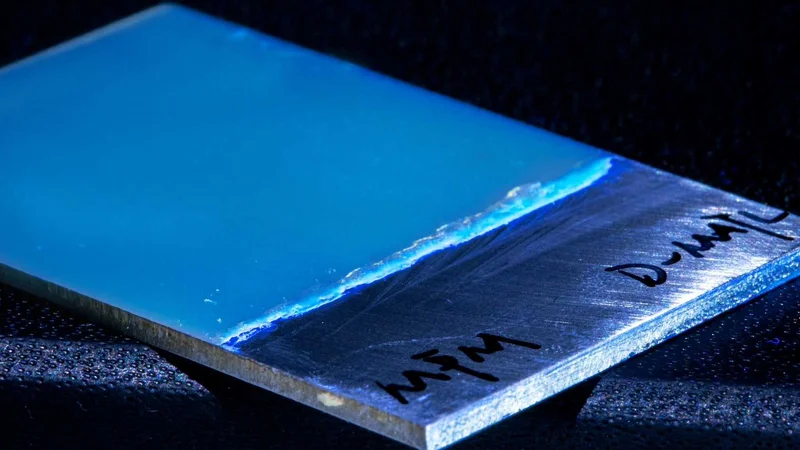 Fluorescent corrosion protection on a metal plate. (Photograph: Marco D’Elia / ETH Zurich)