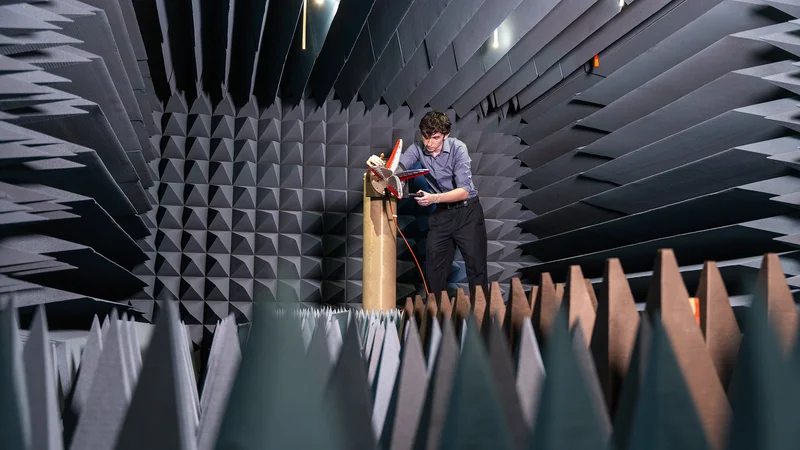 Electrical engineering graduate student Jacdon Del Green in the anechoic chamber, adjusting a standard gain antenna used to calibrate the measurement. | Image: Texas A&M Engineering
