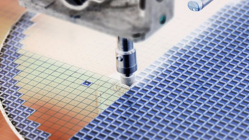 A close-up of a silicon wafer during semi-conductor manufacturing