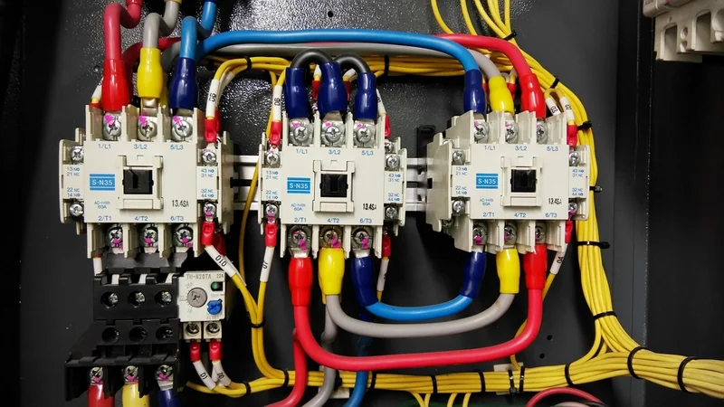 Industrial Electrical Control Panel with Contactors, Circuit Components, and Colored Wiring, Labels
