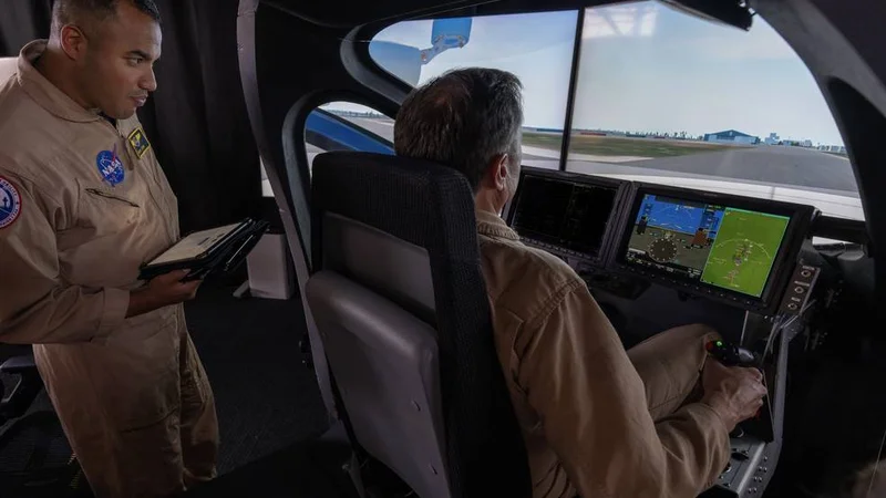 NASA research pilots David Zahn, left, and Wayne Ringleberg at the controls of Joby Aviation's S4 simulator entering and testing flight path data to develop navigation codes. Credits: Joby Aviation