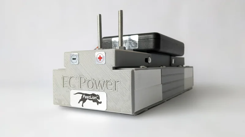 This 10-min fast-charging battery was developed for electric cars, with the black box on the top containing a battery management system to control the module. Credit: EC Power. All Rights Reserved.
