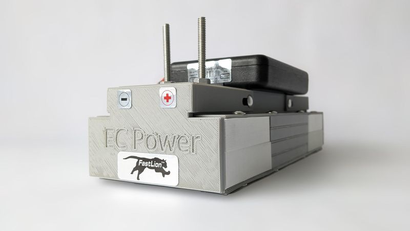 This 10-min fast-charging battery was developed for electric cars, with the black box on the top containing a battery management system to control the module. Credit: EC Power. All Rights Reserved.