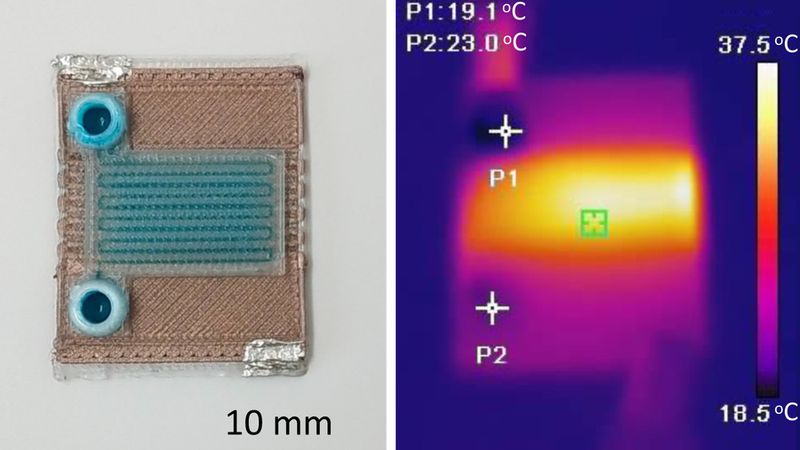 MIT researchers developed a fabrication process to produce self-heating microfluidic devices in one step using a multi-material 3D printer. Pictured is an example of one of the devices. Image: Courtesy of the researchers