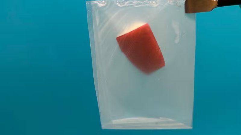 LEAFF bioplastic packaging holds an apple slice. The original form of this fermented sugar-based plastic requires high temperature composting to degrade, but WashU’s engineers have a new form of this packaging that degrade into harmless organic material at room temperature. (Photo: Puneet Dhatt).