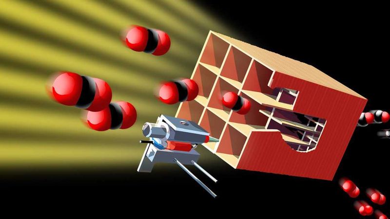The artwork illustrates a 3D-​printed ceria structure with hierarchically channeled architecture. Concentrated solar radiation is incident on the graded structure and drives the solar splitting of CO2 into separate flows of CO and O2. (Graphic: Advanced Materials Interfaces, Vol 10,Nr. 30, 2023. https://doi.org/10.1002/admi.202300452)
