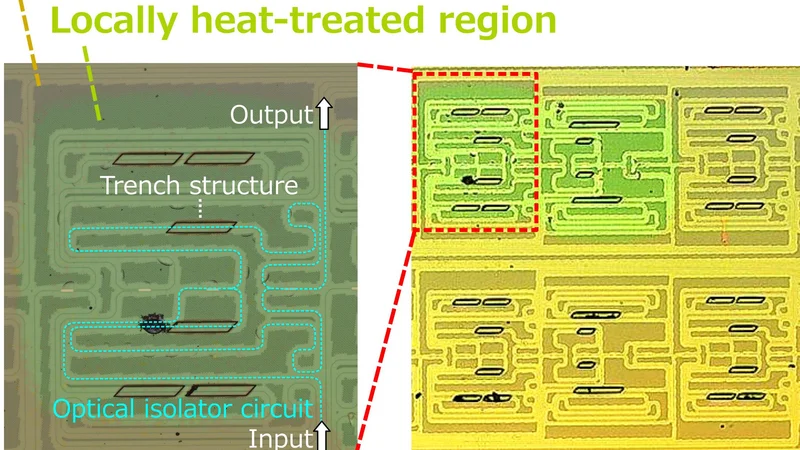 Microscopic image of the optical isolator fabricated and integrated onto a silicon photonics circuit by laser annealing