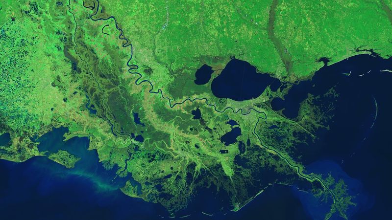 A satellite image of the Mississippi River Delta with land shown in bright green and water shown in dark blue. Credit: NASA Earth Observatory image by Michael Taylor and Adam Voiland, using Landsat data from the U.S. Geological Survey