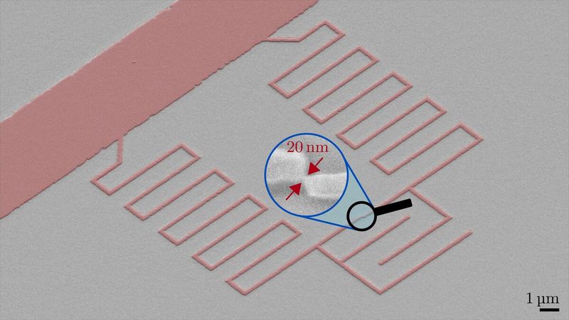 The properties of Gralmonium qubits are dominated by a tiny constriction of just 20 nanometers, which acts like a magnifying glass for microscopic material defects. (Graphic: Dennis Rieger, KIT)
