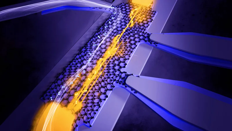 Physicists measured how readily a current of electron pairs, represented in yellow and white, flows with no resistance through “magic-angle” graphene, represented as the black lattices. Credit: Eli Krantz, Krantz NanoArt