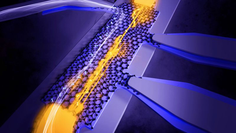Physicists measured how readily a current of electron pairs, represented in yellow and white, flows with no resistance through “magic-angle” graphene, represented as the black lattices. Credit: Eli Krantz, Krantz NanoArt