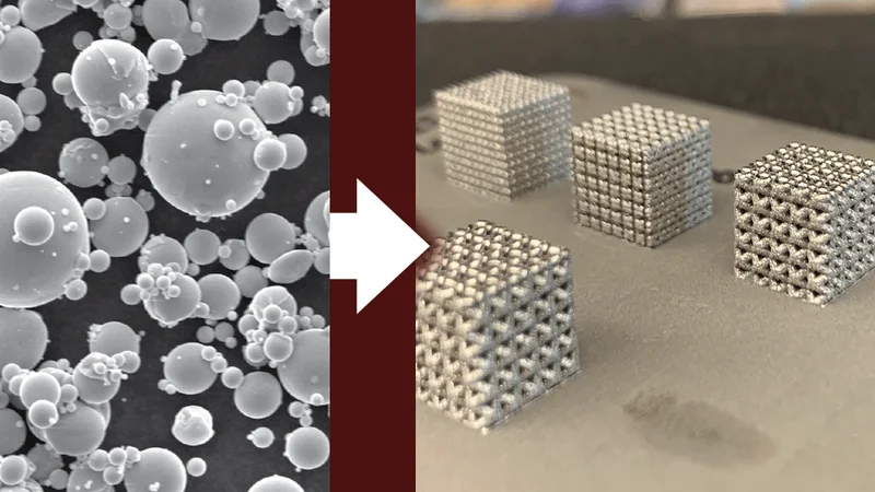 An electron micrograph of nickel-titanium powder is showcased on the left. The researchers can use this powder to fabricate 3D-printed parts, such as nickel-titanium lattices (right). | Image: Texas A&M Engineering