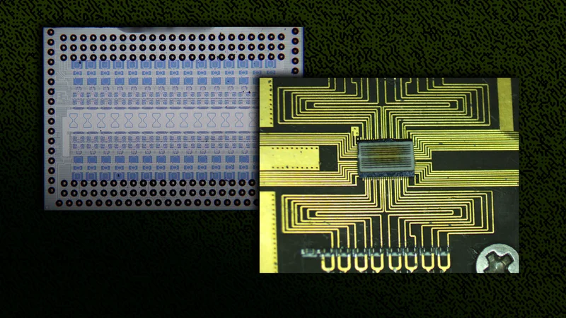 By affixing a thin, patterned sheet of material to the back of the chip, highlighted in the center and shown in the left-side micrograph, the researchers produced a more efficient, yet scalable, chip-based terahertz wave generator. Image: Courtesy of the researchers; MIT News