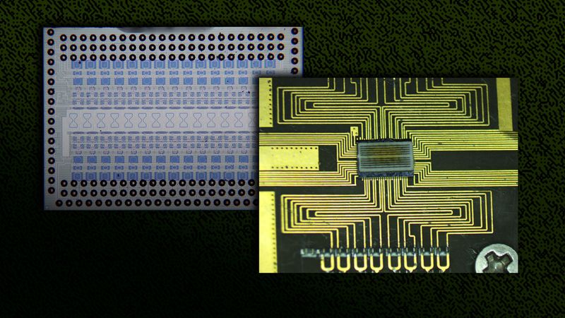 By affixing a thin, patterned sheet of material to the back of the chip, highlighted in the center and shown in the left-side micrograph, the researchers produced a more efficient, yet scalable, chip-based terahertz wave generator. Image: Courtesy of the researchers; MIT News