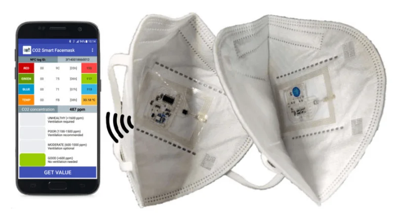Smart Face Mask for CO2 monitoring through an opto-chemical sensor; results displayed on Smartphone application