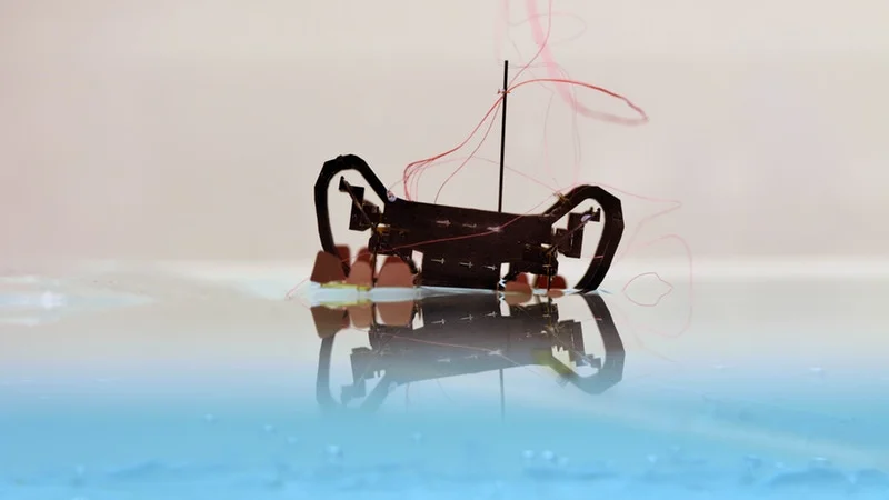 When HAMR needs to sink, its footpads emit a high voltage to break the water surface tension. This process is called electrowetting, which is the reduction of the contact angle between a material and the water surface under an applied voltage. This change of contact angle makes it easier for objects to break the water surface. (Credit: Yufeng Chen, Neel Doshi, and Benjamin Goldberg/Harvard University)
