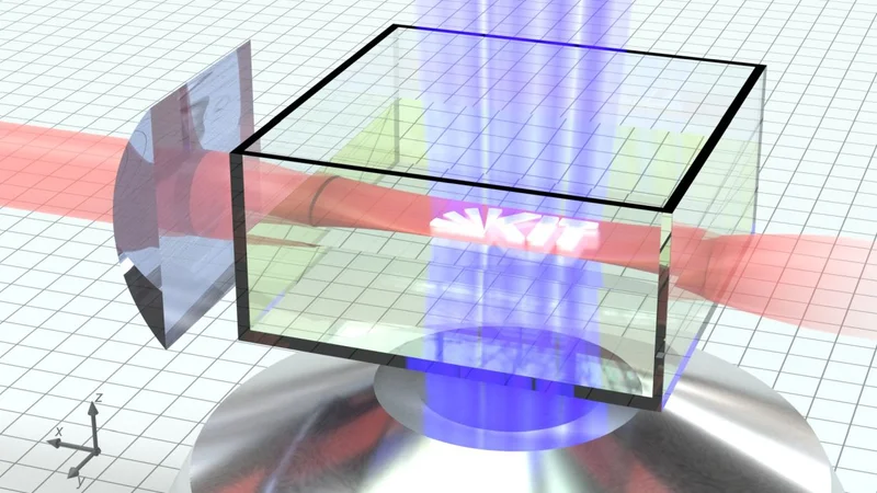 In light sheet 3D printing, red and blue laser light is used to print objects precisely and quickly on a micrometer scale (Photo: Vincent Hahn, KIT)