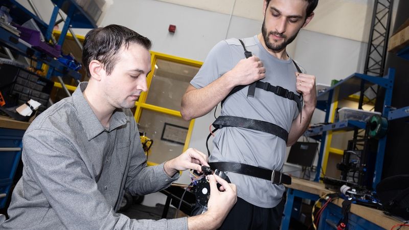 Researcher Aaron Young makes adjustments to an experimental exoskeleton worn by then-Ph.D. student Dean Molinaro. The team used the exoskeleton to develop a unified control framework for robotic assistance devices that would allow users to put on an "exo" and go — no extensive training, tuning, or calibration required. (Photo: Candler Hobbs)