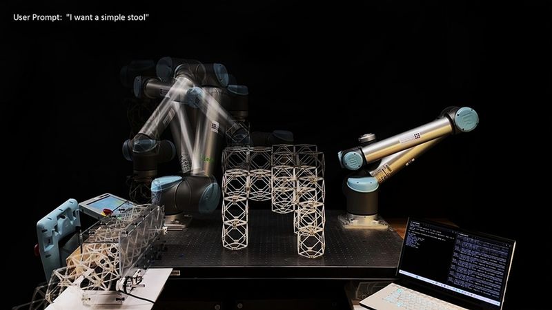 A robotic arm builds a lattice-like stool after hearing the prompt “I want a simple stool,” demonstrating how the system translates speech into real-time fabrication. Photo courtesy of Alexander Kyaw and the researchers.