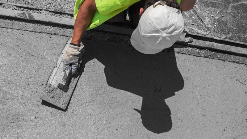 A construction worker levels a concrete pavement. (stock.adobe.com)