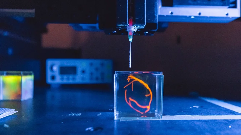 A 3D bioprinter in the Skylar-Scott lab prints a sample of heart tissue in 2022. | Photo by Andrew Broadhead