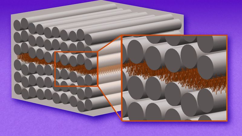 This schematic shows an engineered material with composite layers. Layers of carbon fibers (the long silver tubes) have microscopic forests of carbon nanotubes between them (the array of tiny brown objects). These tiny, densely packed fibers grip and hold the layers together, like ultrastrong Velcro, preventing the layers from peeling or shearing apart. Image: Courtesy of the researchers, edited by MIT News