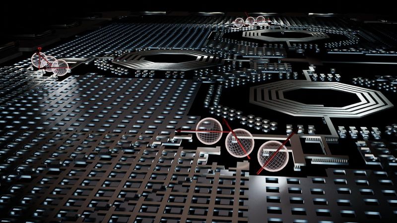 Three resonators operating at different frequencies read a 3x3 matrix of quantum dots. © 2022 EPFL