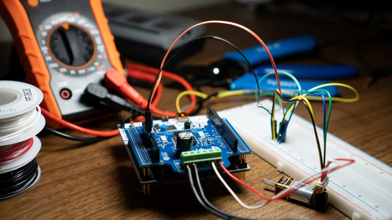 A Nucleo board with an expansion shield during bench testing