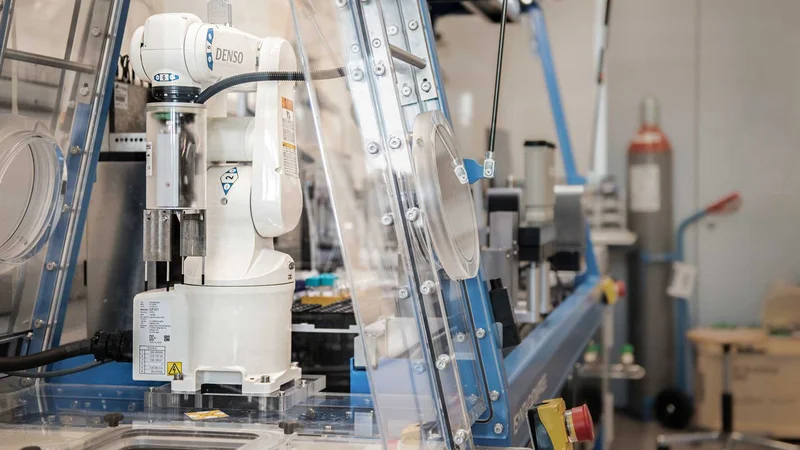 This robotic arm transfers glass vials into a centrifuge. It is part of a robot unit that produces catalysts completely autonomously according to the specifications of an AI model. (Photograph: ETH Zurich / Michel Büchel)