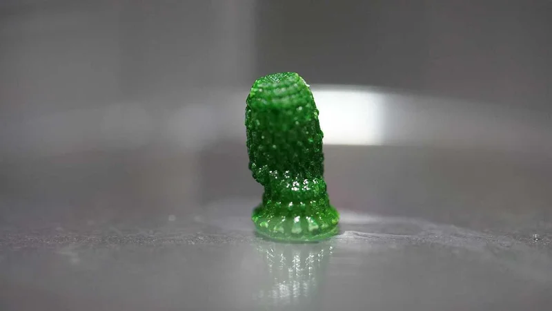 3D-printed "pineapple" with cyanobacteria growing inside after a development period of 60 days. The green colour comes from the chlorophyll of the photosynthetic bacteria.  (Image: Yifan Cui / ETH Zurich)