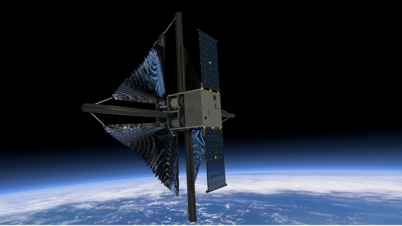Illustration showing the solar sail beginning to unfurl after deployment of the spacecraft’s solar arrays. Credits: NASA