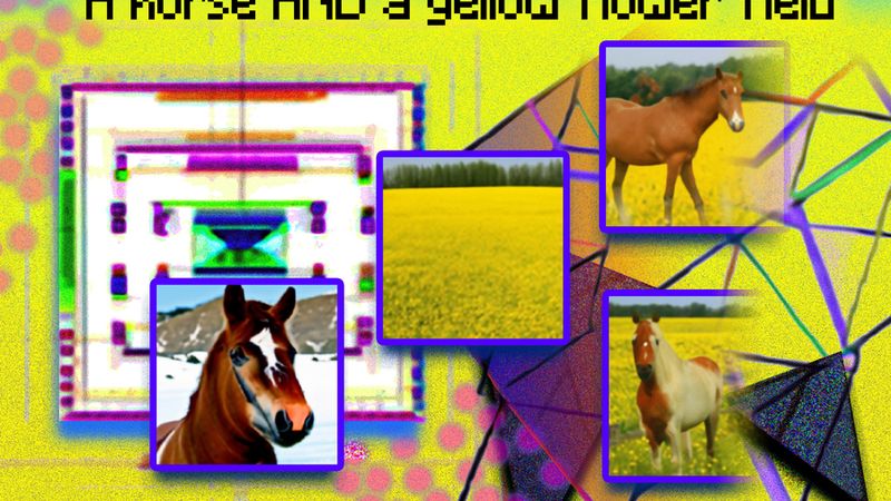 This photo illustration was created using generated images from an MIT system called Composable Diffusion, and arranged in Photoshop. Phrases like “diffusion model” and “network” were used to generate the pink dots and geometric, angular images. The phrase “a horse AND a yellow flower field” is included at the top of the image. Generated images of a horse and yellow field appear on the left, and the combined imagery of a horse in a yellow flower field appear on the right. Image: Jose-Luis Olivares, MIT and the researchers